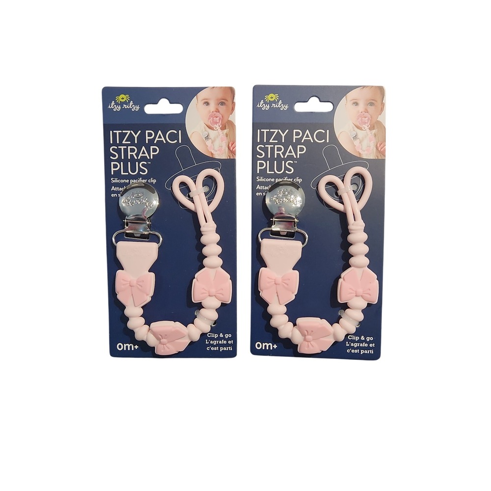 Itzy Ritzy Paci Strap Plus 2 Pack Pink Silicone Pacifier Clip Bow Detail 0m+
